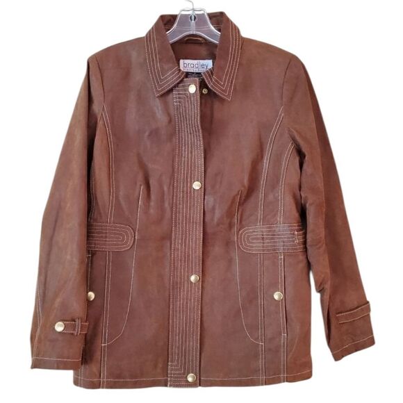 Bradley Bayou Barn Chore Brown Leather Jacket Coat EUC Size Medium Y2k Western - Picture 1 of 15